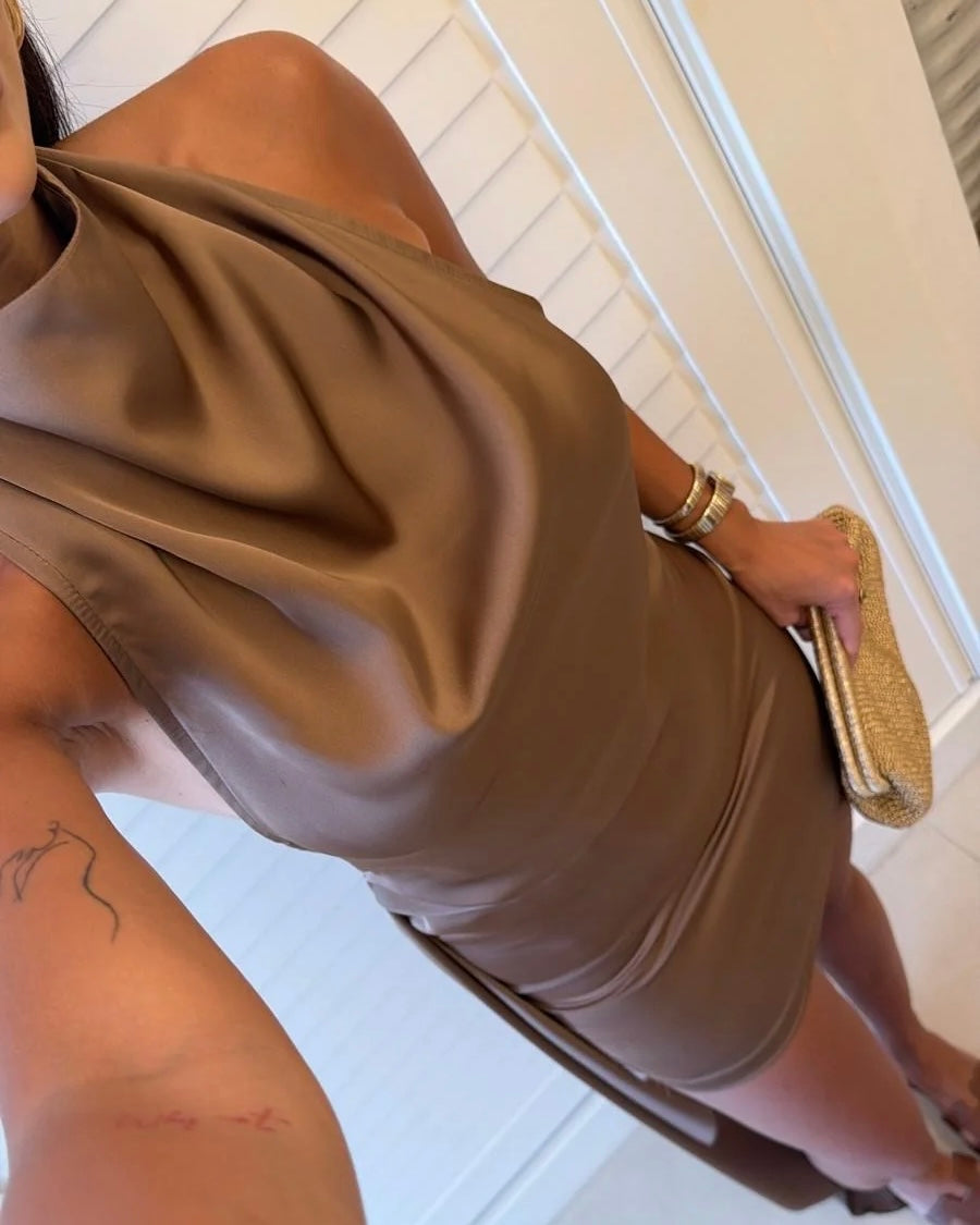 Satin fabric dress with train