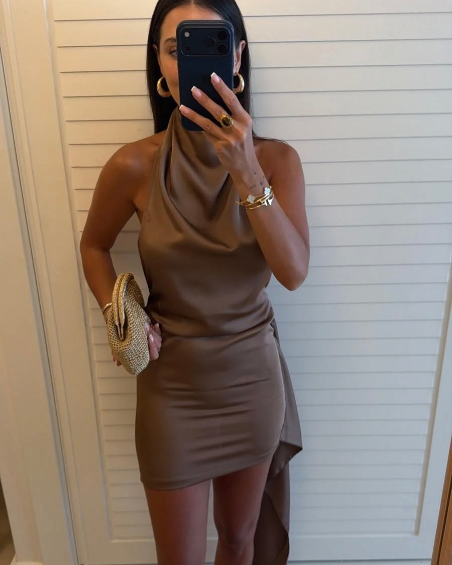 Satin fabric dress with train