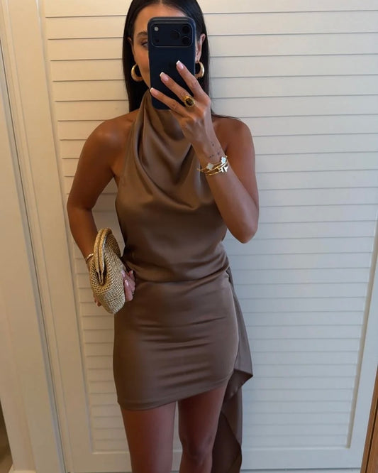 Satin fabric dress with train