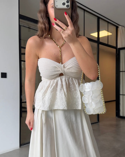 Embroidered knotted strapless blouse