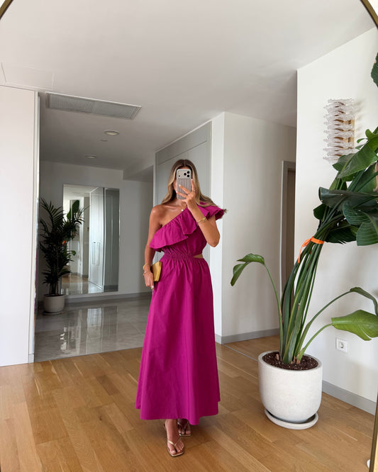 Asymmetrical neckline ruffle detail dress