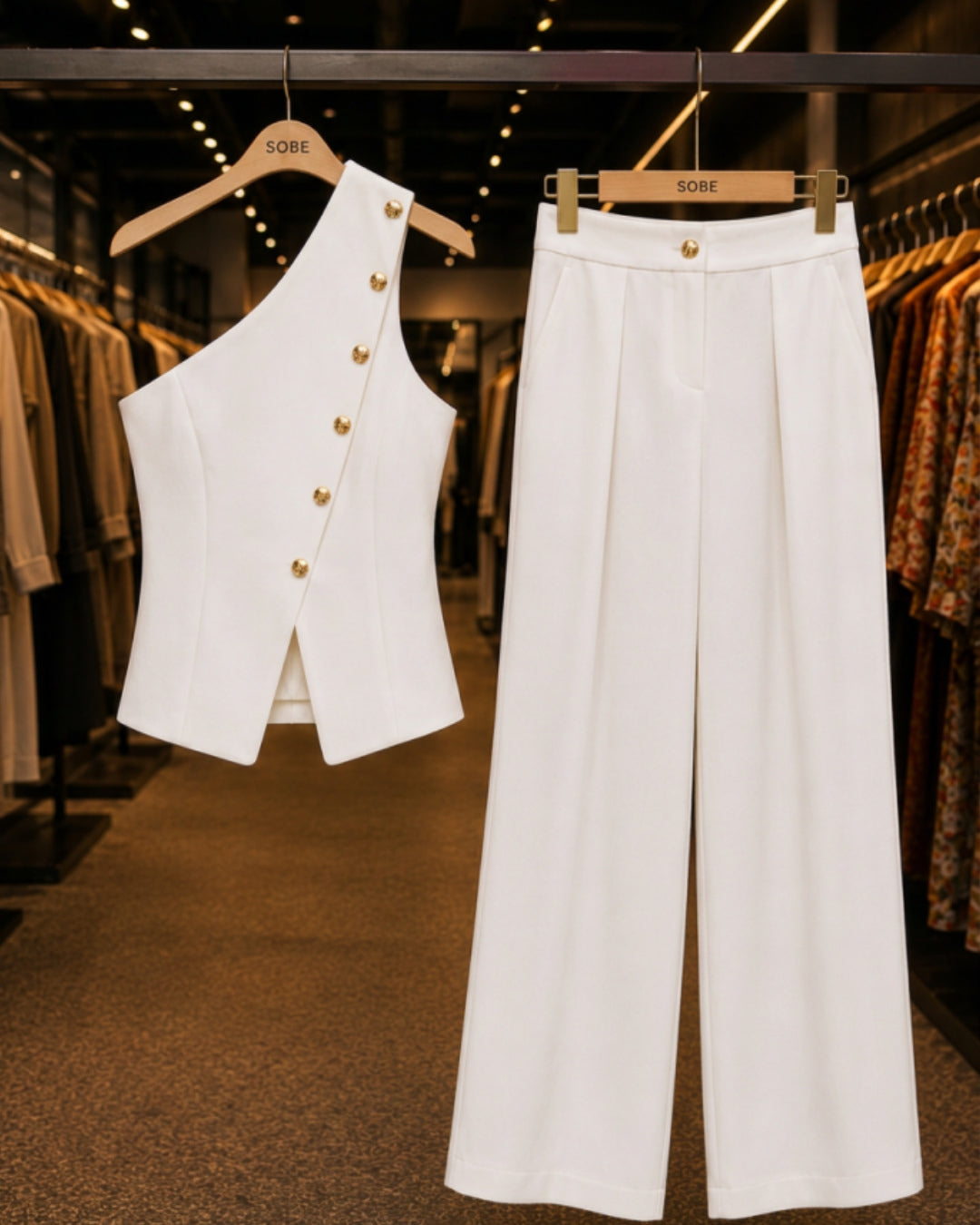 One-shoulder structured top with     High-waisted wide-leg trousers