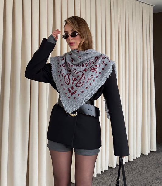 Grey-and-burgundy patterned triangular knit scarf