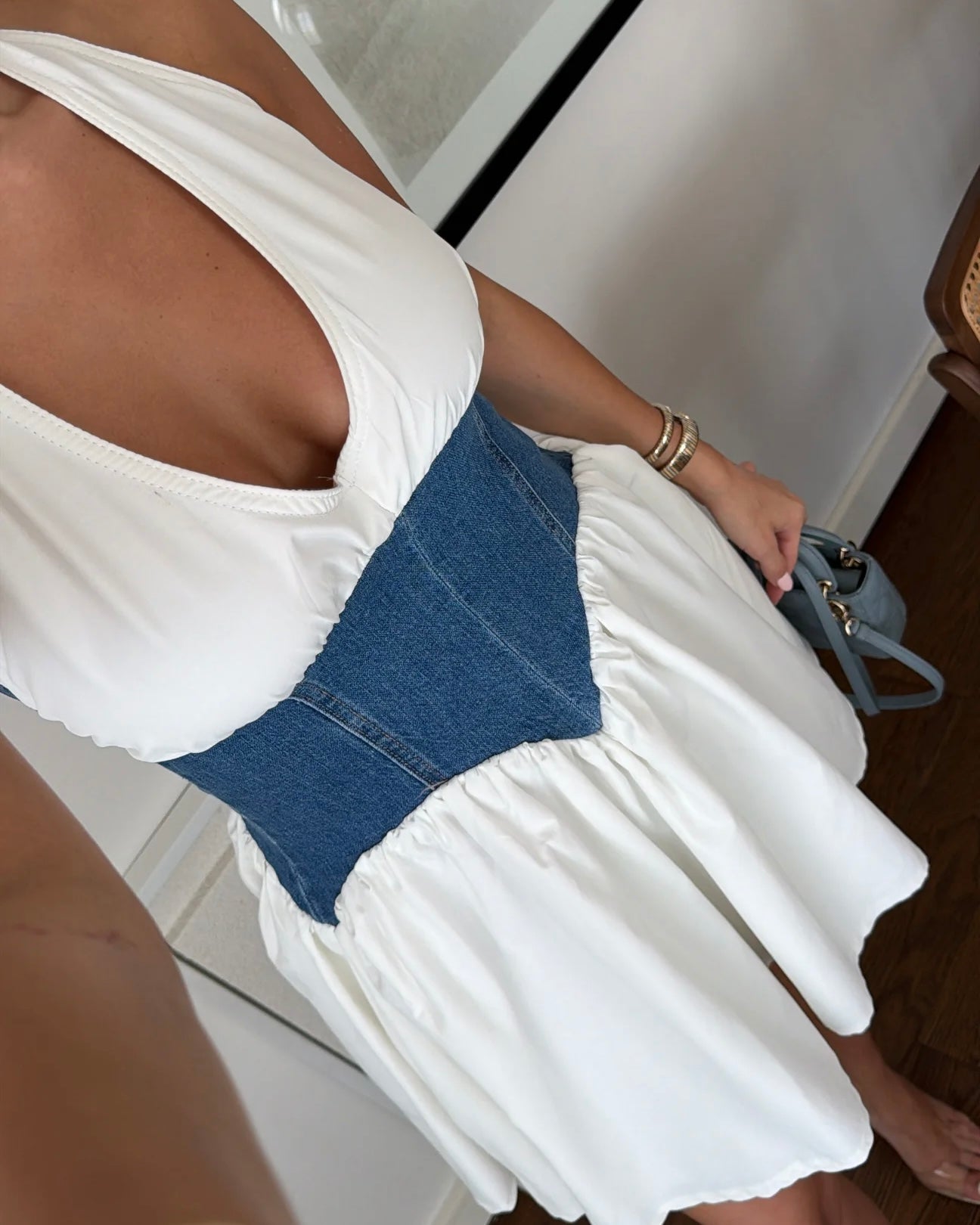 Denim detailed corset white dress