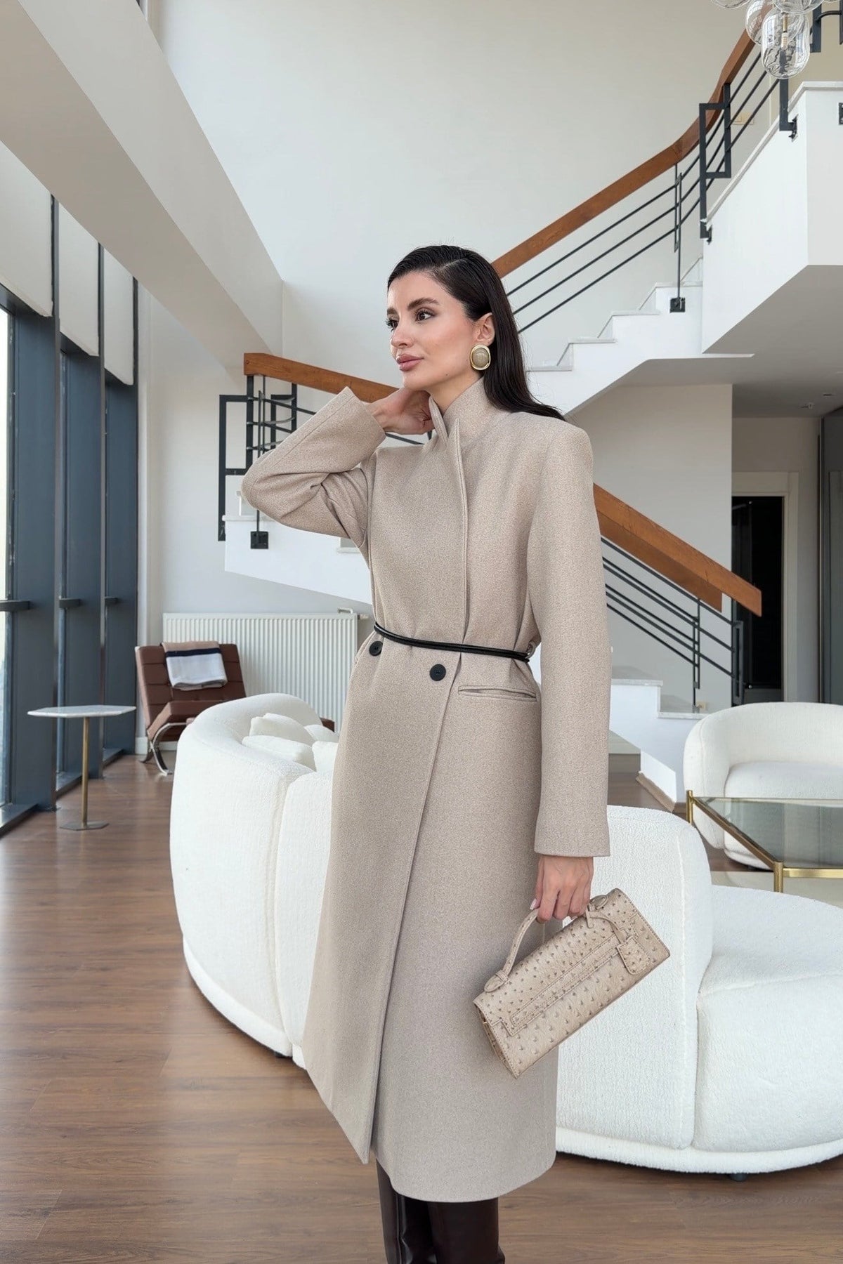 Double-breasted long wool coat with a detachable scarf and a slim belt
