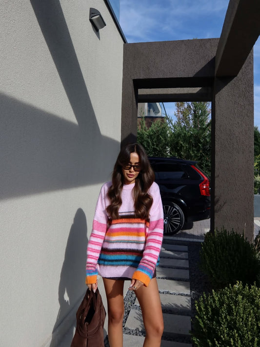 Pink multicolor striped knit crewneck sweater