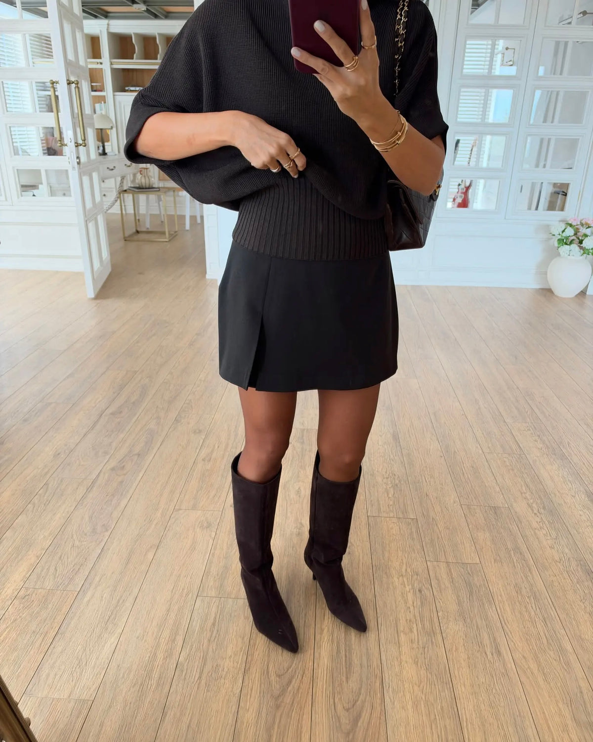 Waist detailed bat sleeve ribbed knitwear blouse
