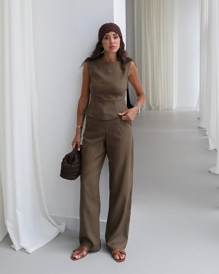 Natural ceres raw linen blouse and  trousers set