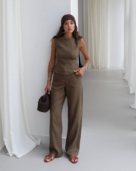 Natural ceres raw linen blouse and  trousers set