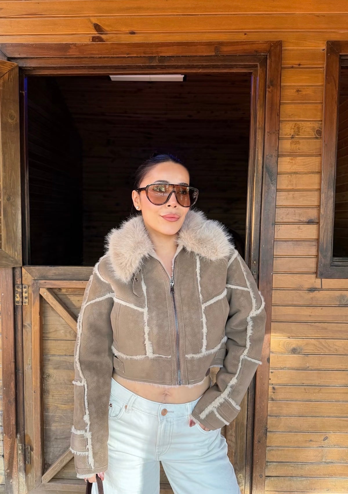 Faux-fur trimmed cropped jacket