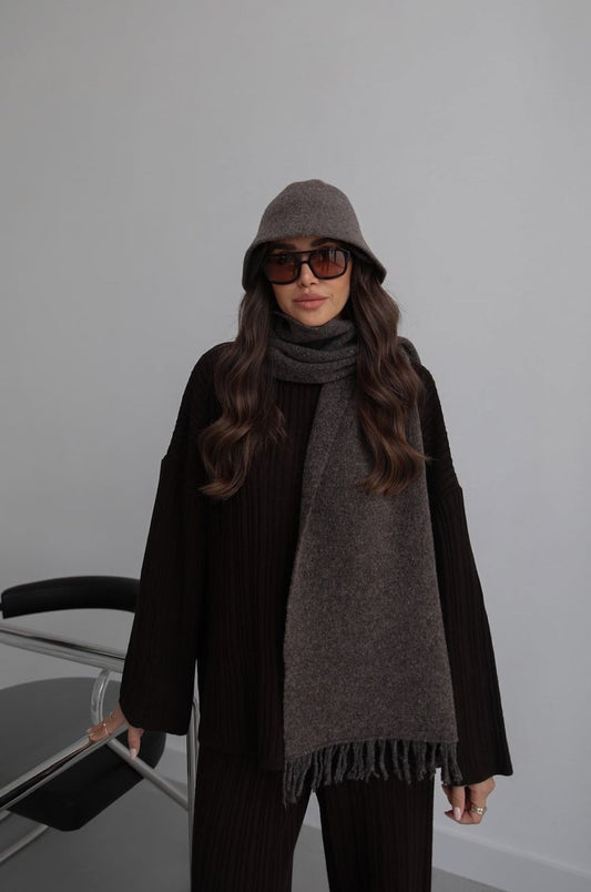 knitted bucket hat and fringed scarf set