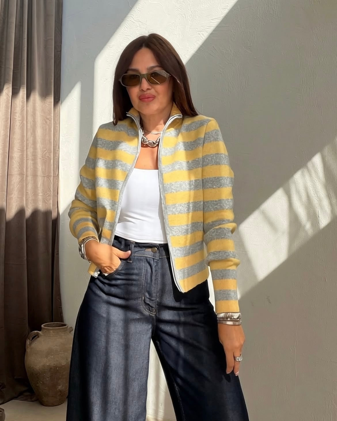 Striped knit zip-up cardigan