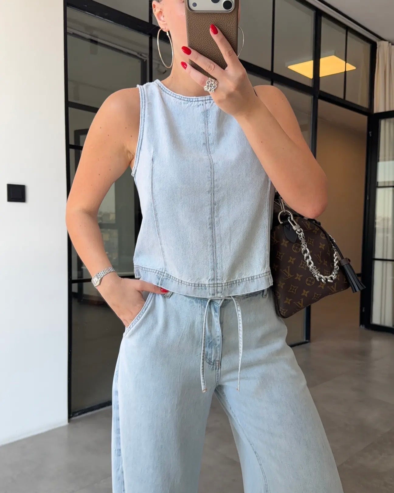 Lace-up pants, blouse, and Tencel set