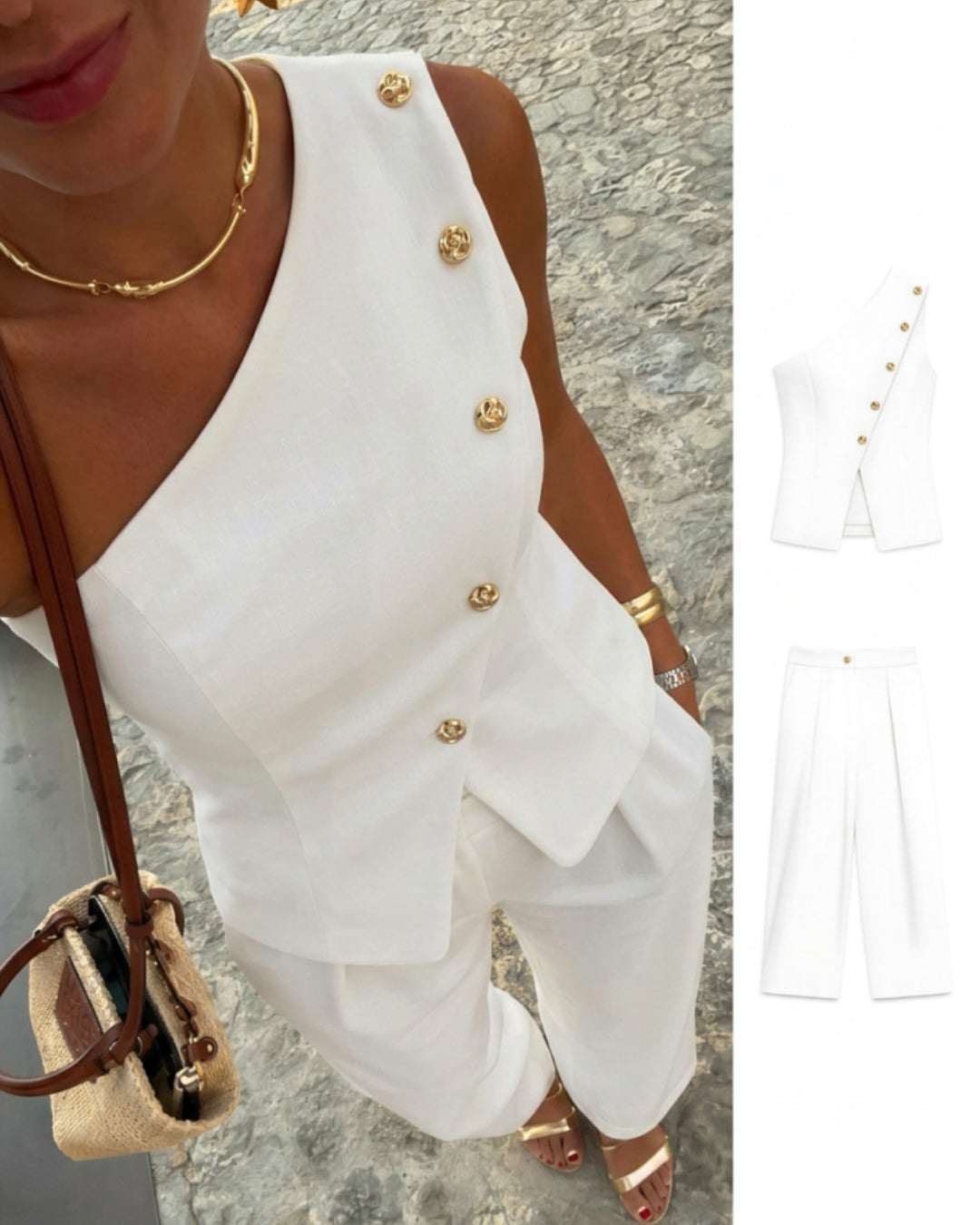 One-shoulder structured top with     High-waisted wide-leg trousers