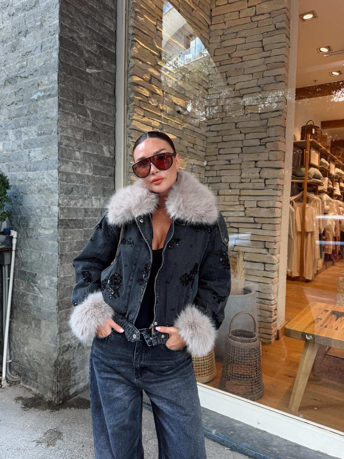 Anthracite embellished denim jacket with faux fur collar and cuffs.