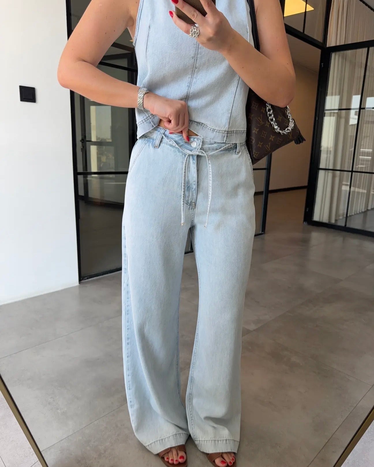Lace-up pants, blouse, and Tencel set