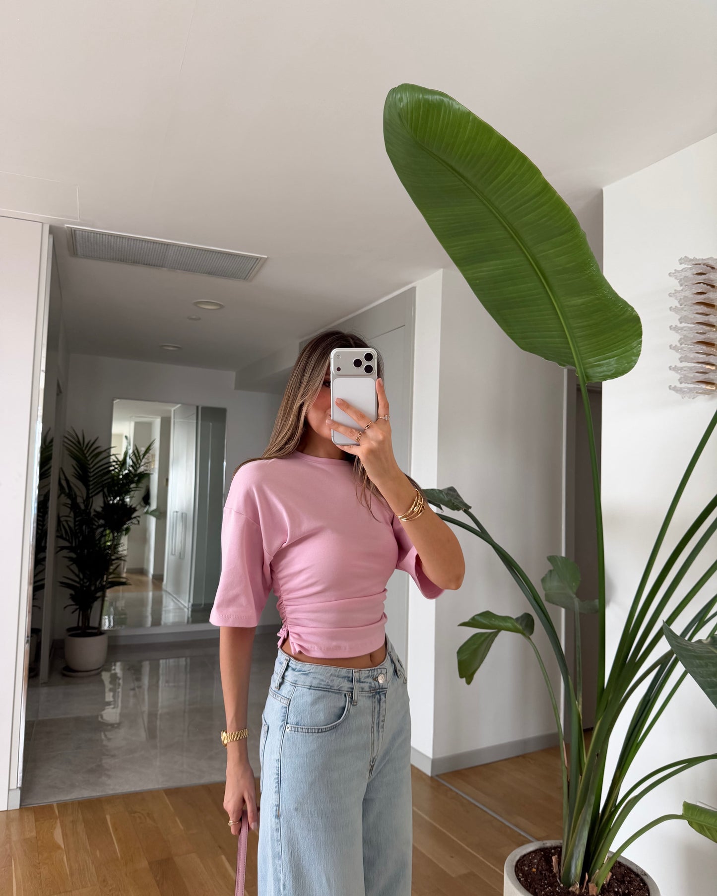 Gathered batwing sleeve T-shirt