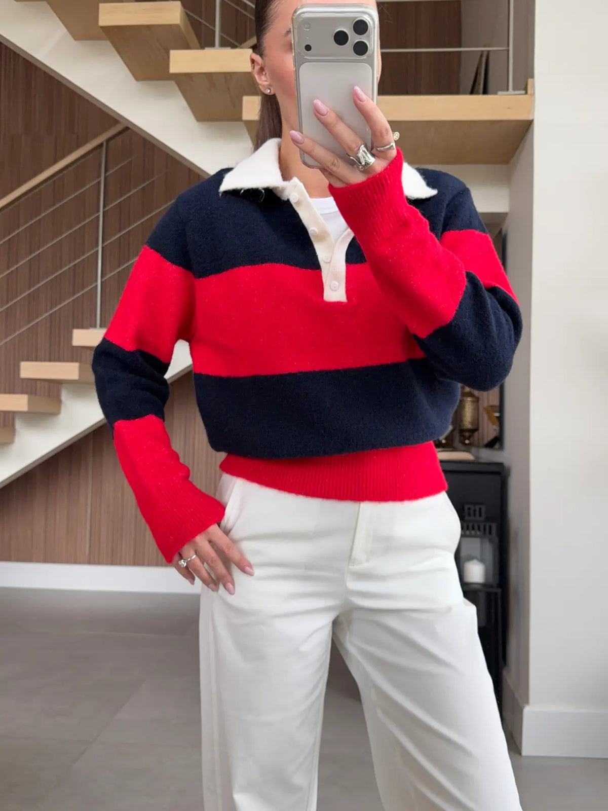 Navy blue and red striped knit polo sweater