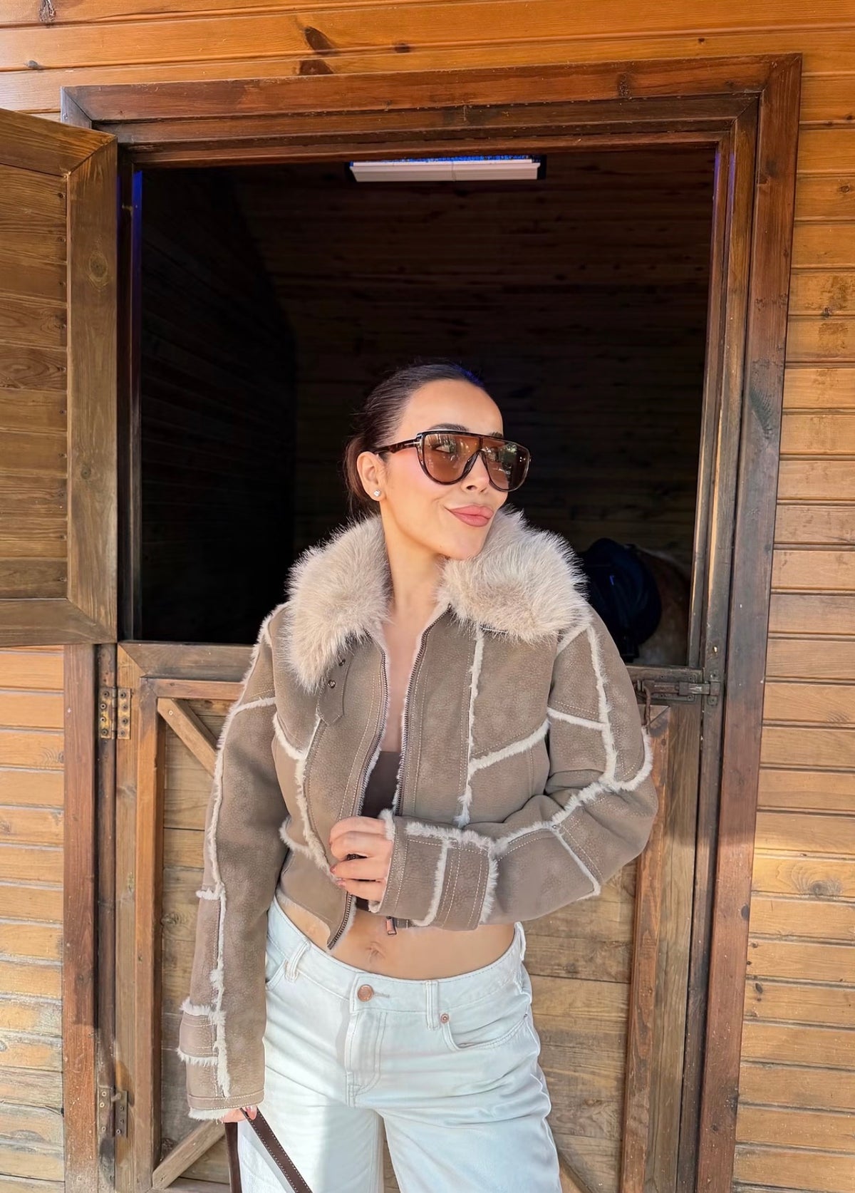 Faux-fur trimmed cropped jacket