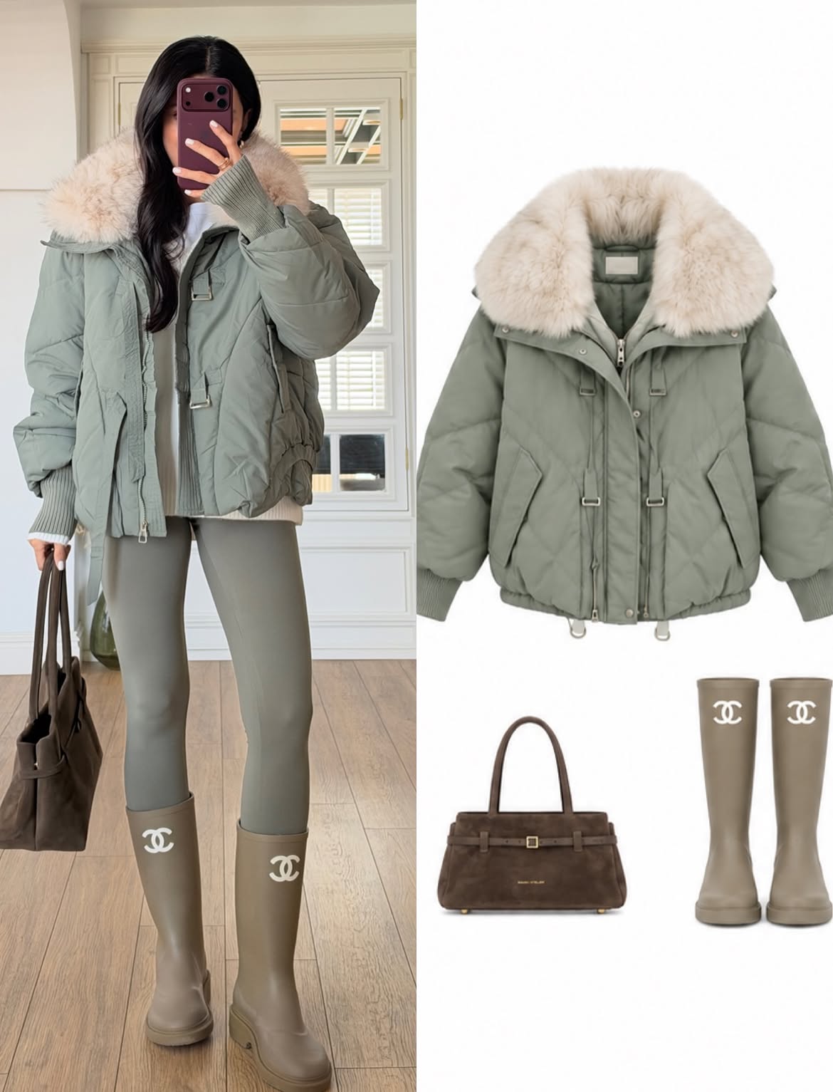 Sage green puffer jacket with a large plush fur collar