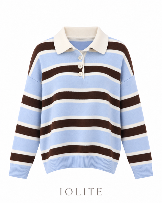 Blue and chocolate brown horizontal stripe knitted polo
