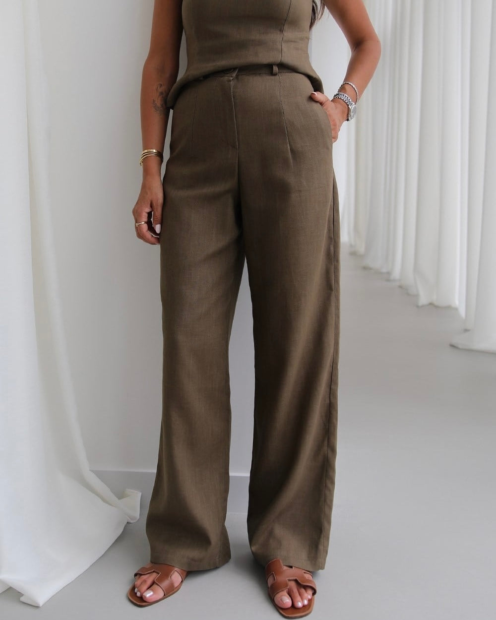 Natural ceres raw linen blouse and  trousers set