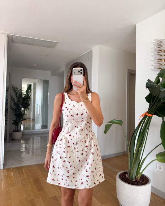 Red rose patterned strappy mini dress