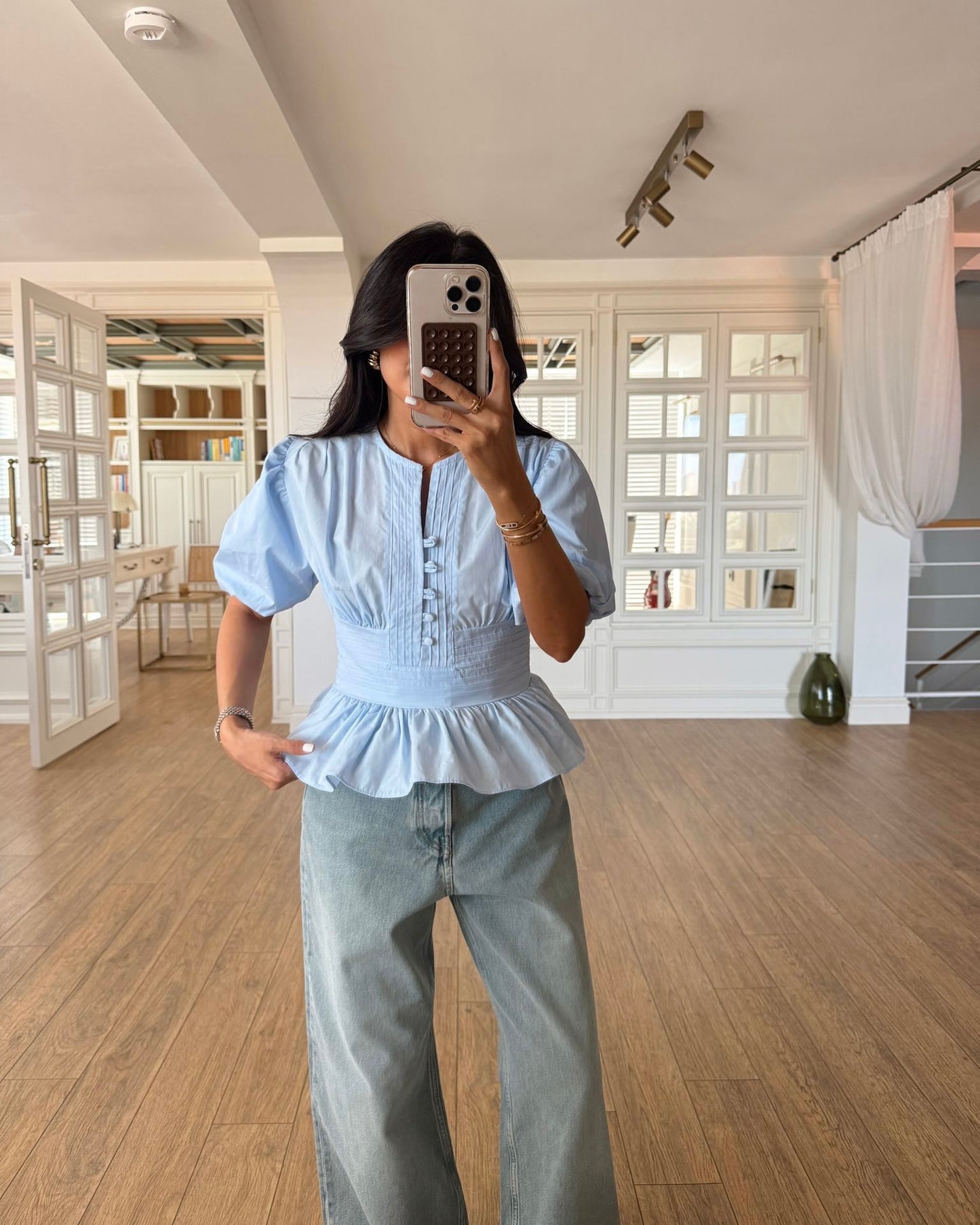 Balloon sleeve cover-up buttoned poplin blouse