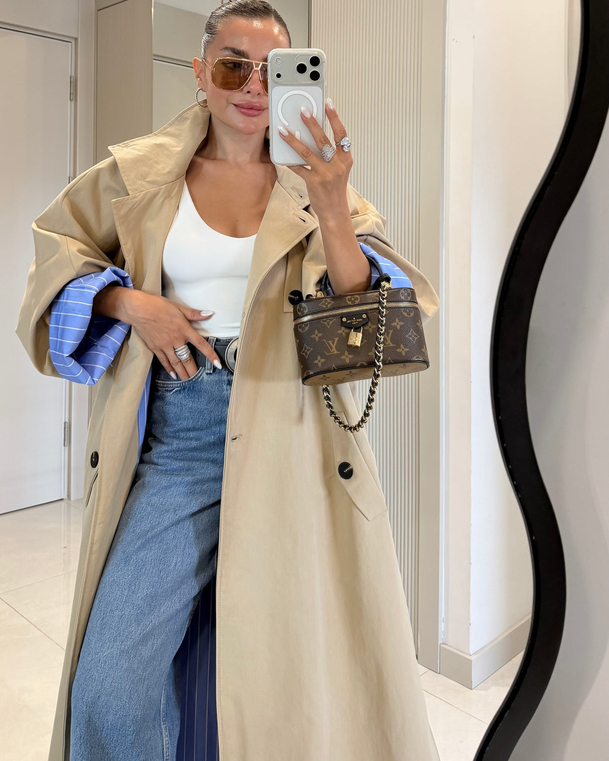 Hanger camel striped lined oversize long trench coat