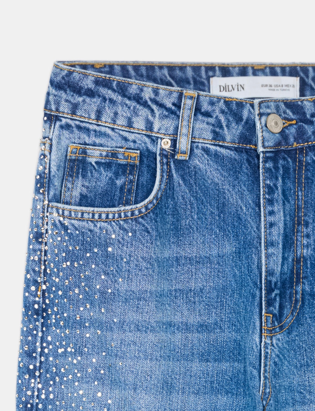 Wide-leg denim jeans featuring side crystal embellishments