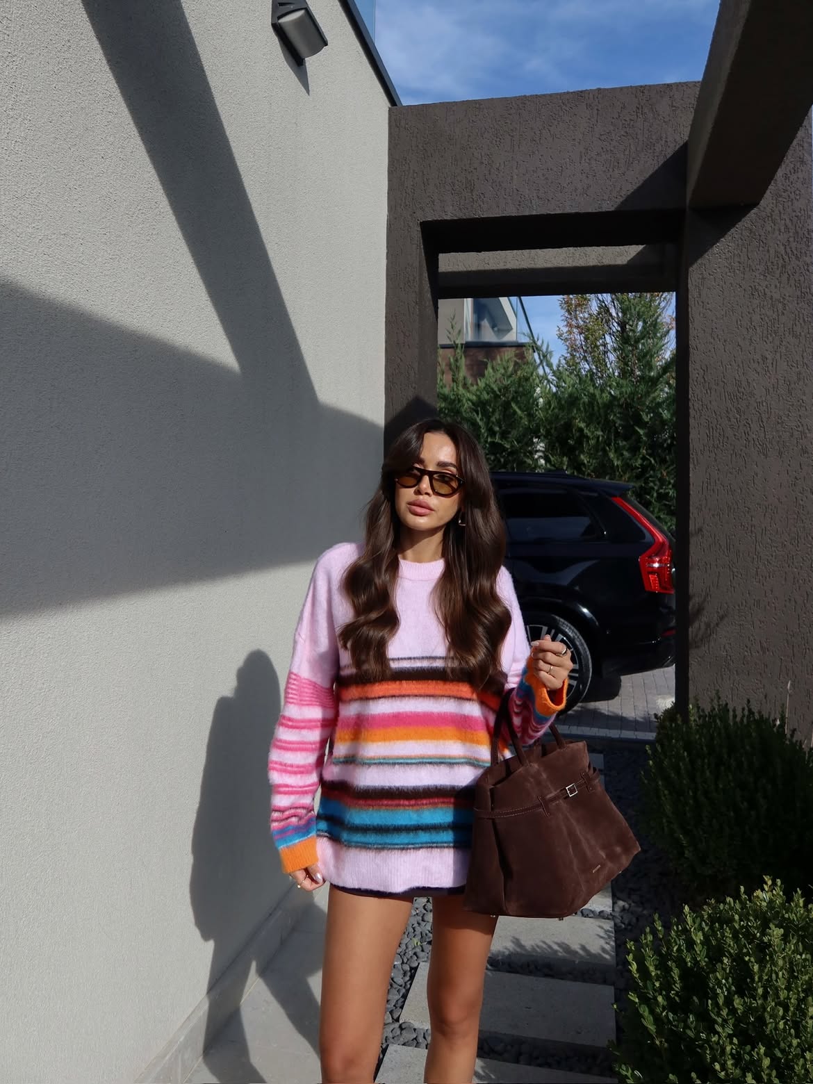 Pink multicolor striped knit crewneck sweater