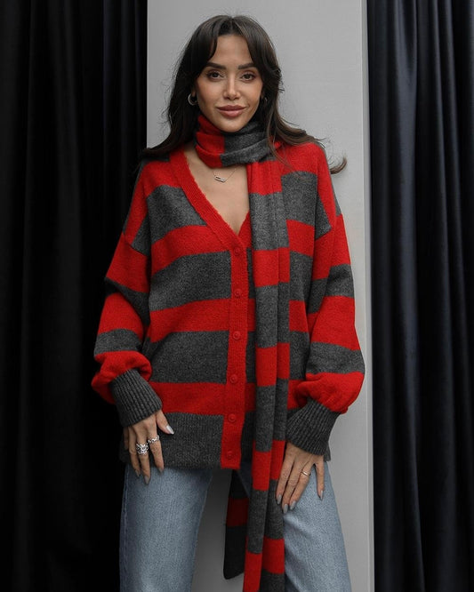 Red scarf striped v-neck cardigan