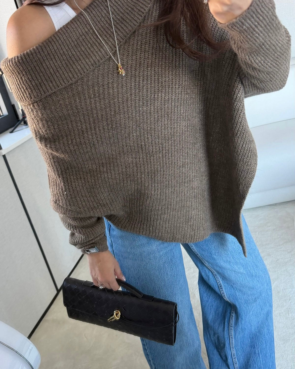 Madonna collar asymmetrical cut sweater