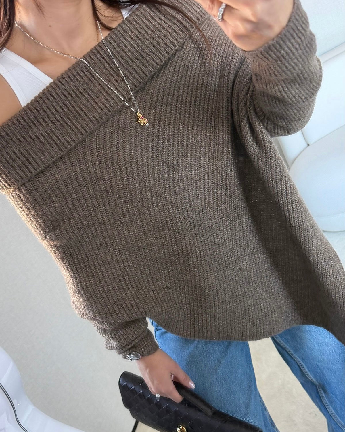 Madonna collar asymmetrical cut sweater