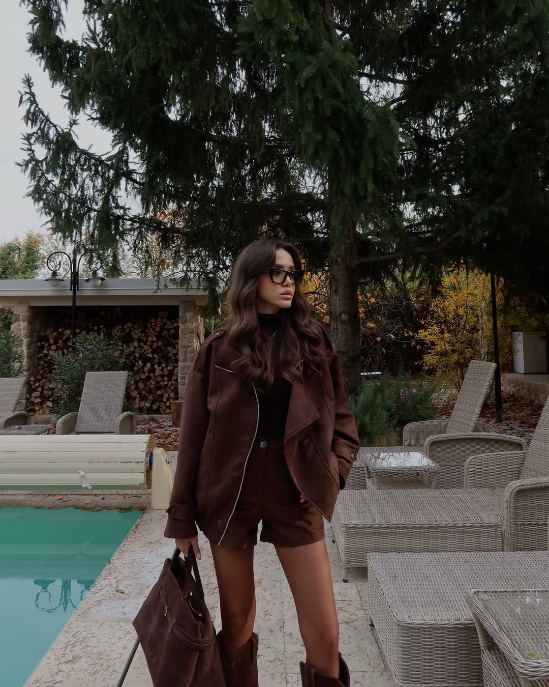 Brown jacket shorts suede suit