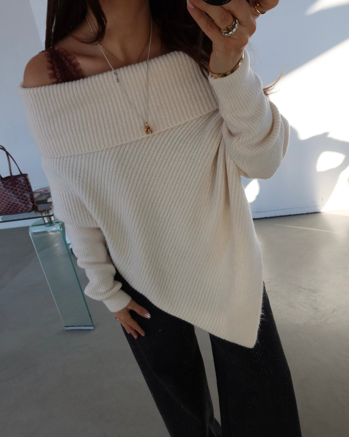 Madonna collar asymmetrical cut sweater