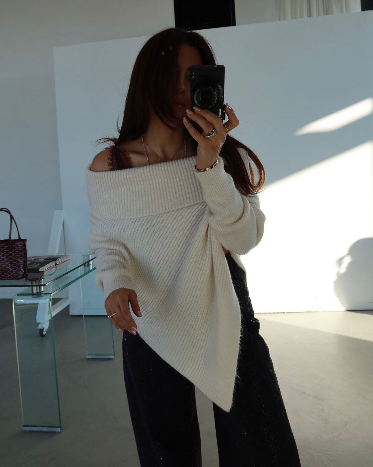 Madonna collar asymmetrical cut sweater