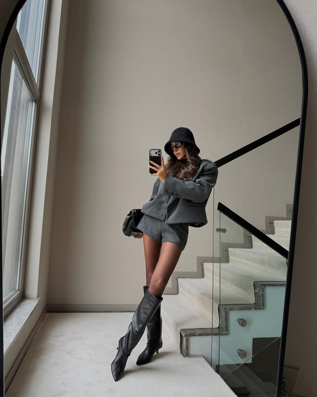 Anthracite cashmere shorts jacket set