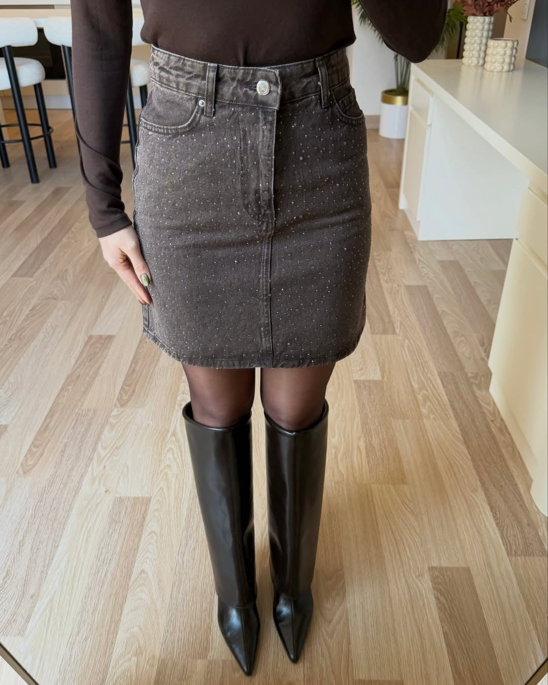 Coffee stone embellished denim skirt