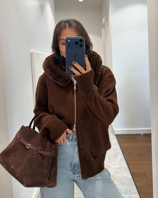 knit sweater with a chic faux-fur collar