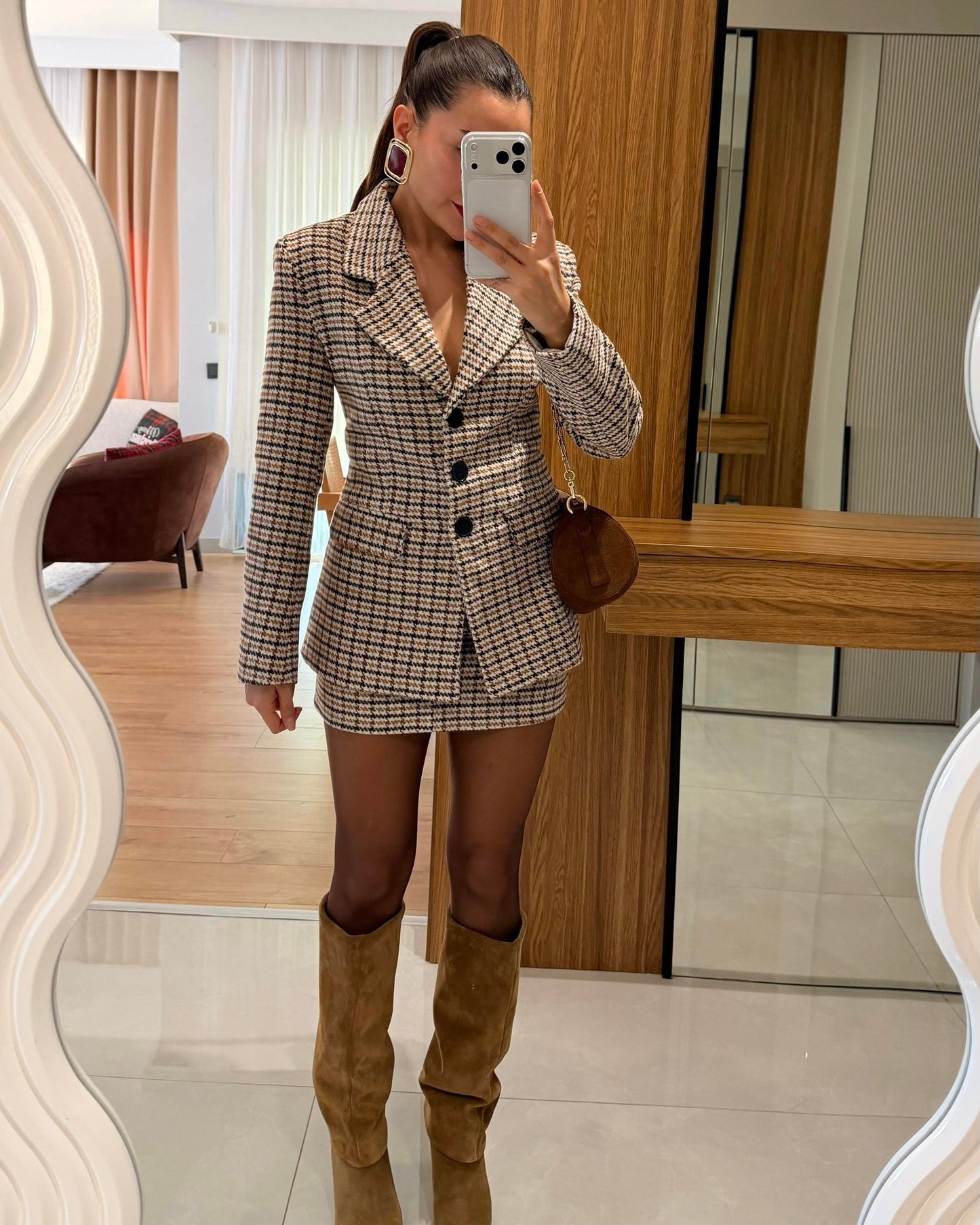 Beige blazer skirt tweed suit