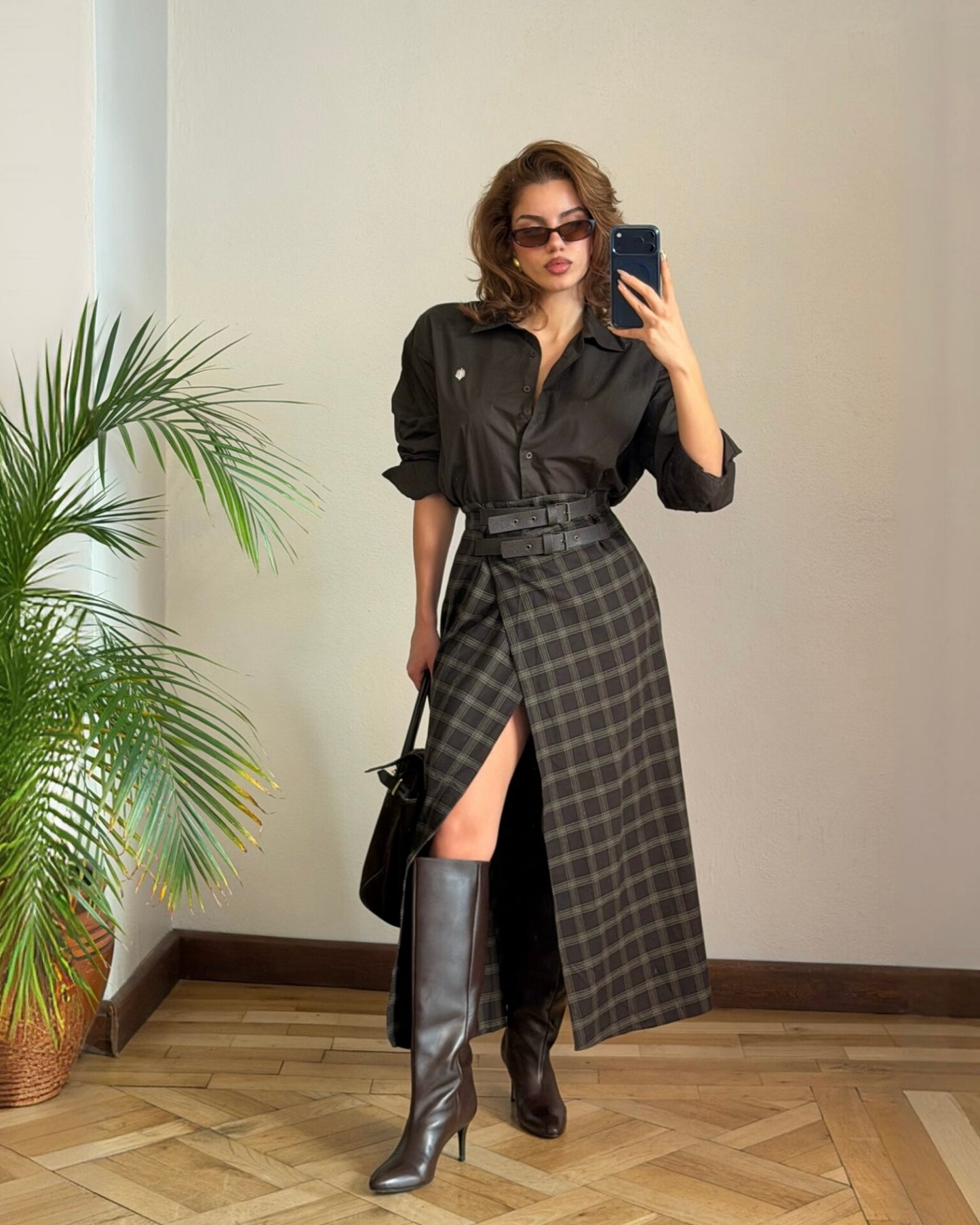 Slit plaid midi skirt
