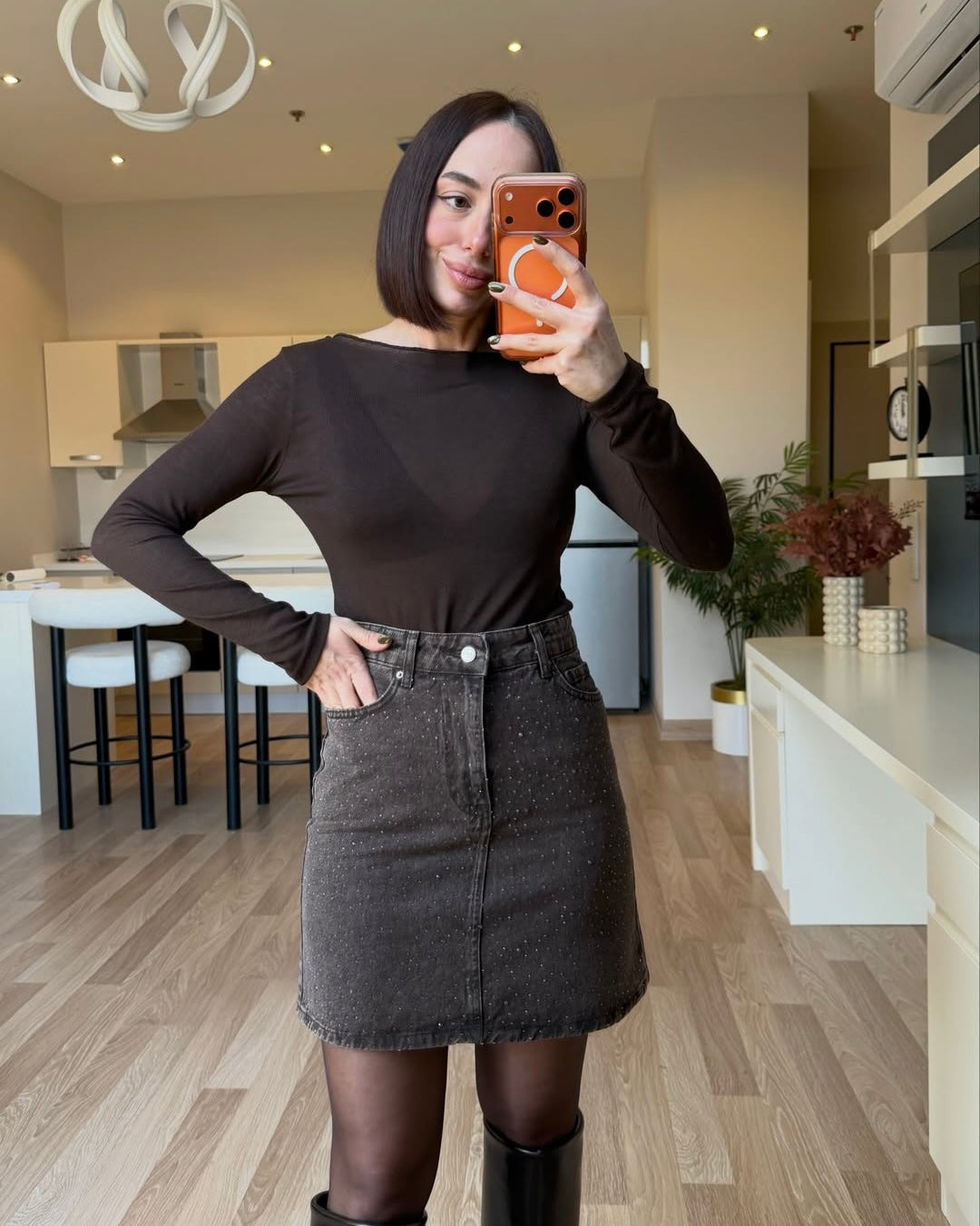 Coffee stone embellished denim skirt