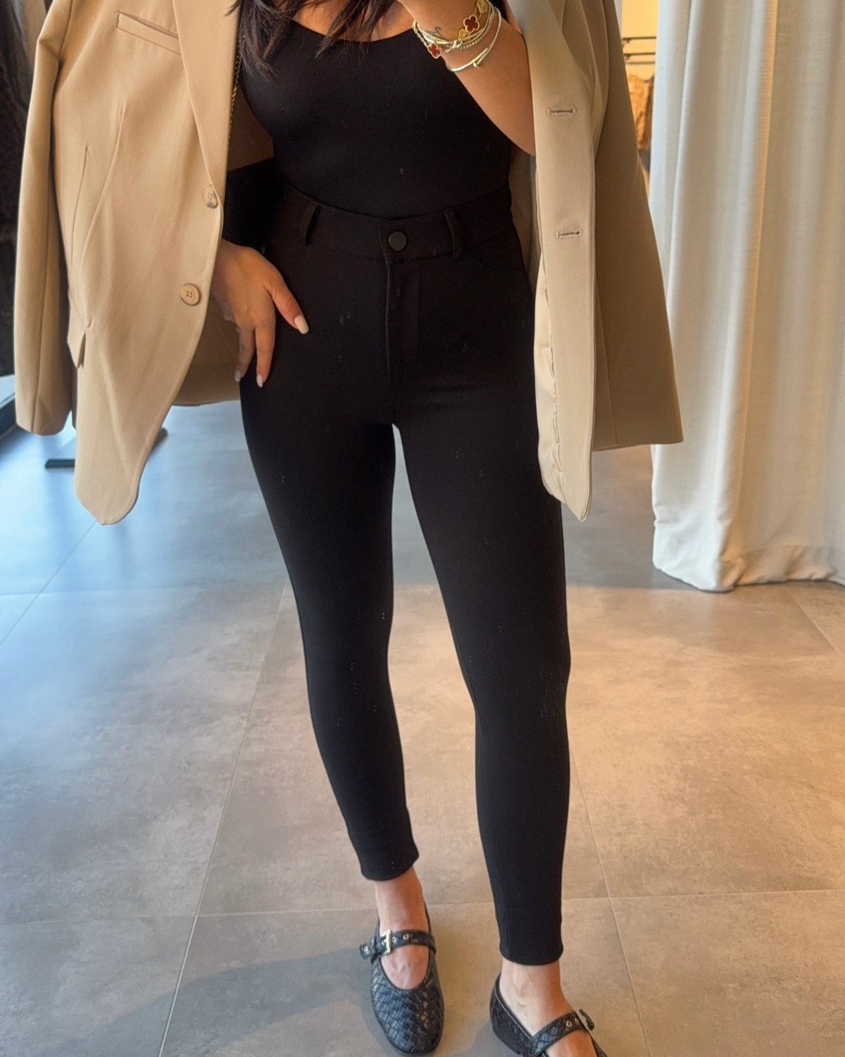 high-waisted, form-fitting stretch pants