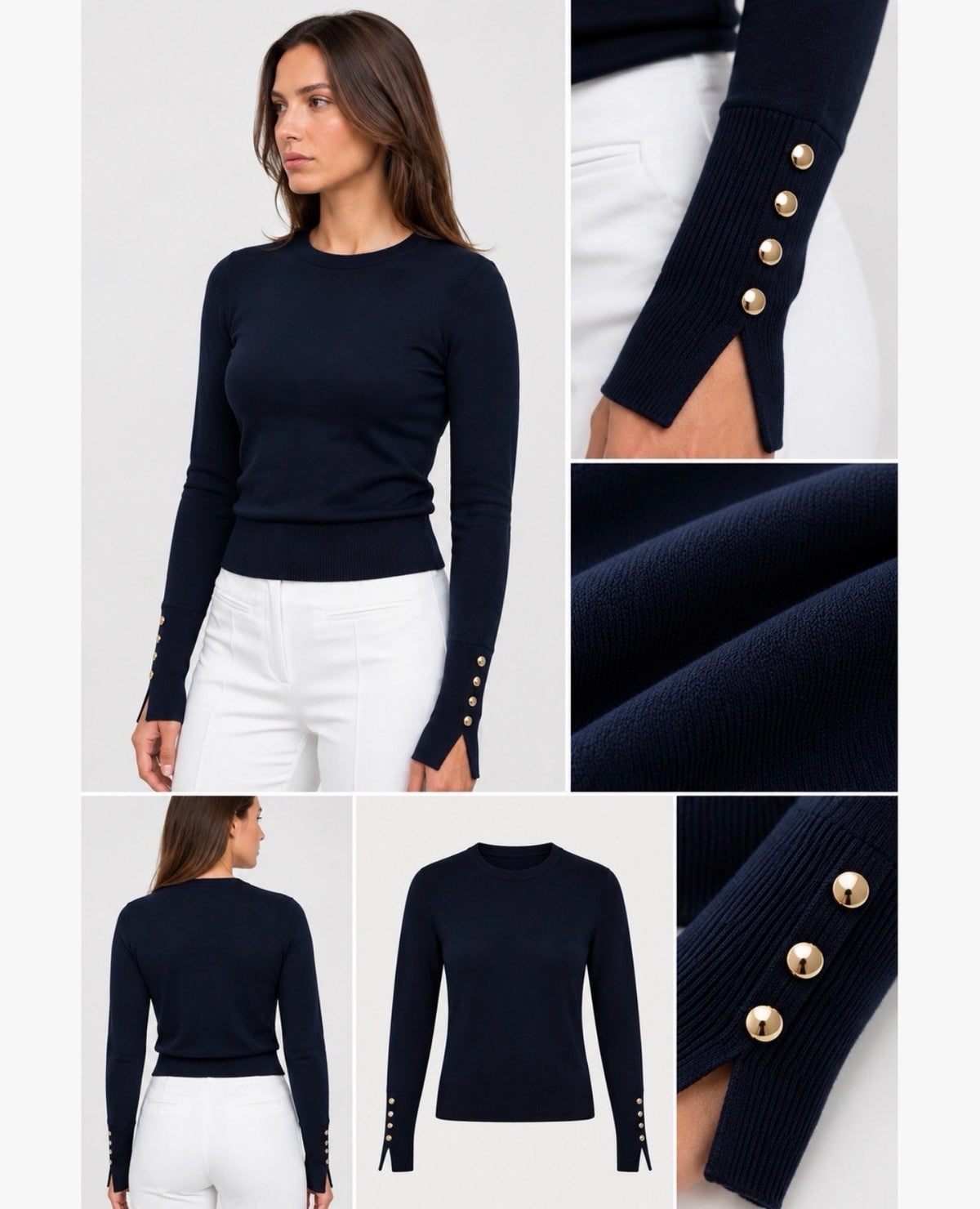 Crew-neck fine-knit sweater featuring decorative gold-tone buttons along the split cuffs