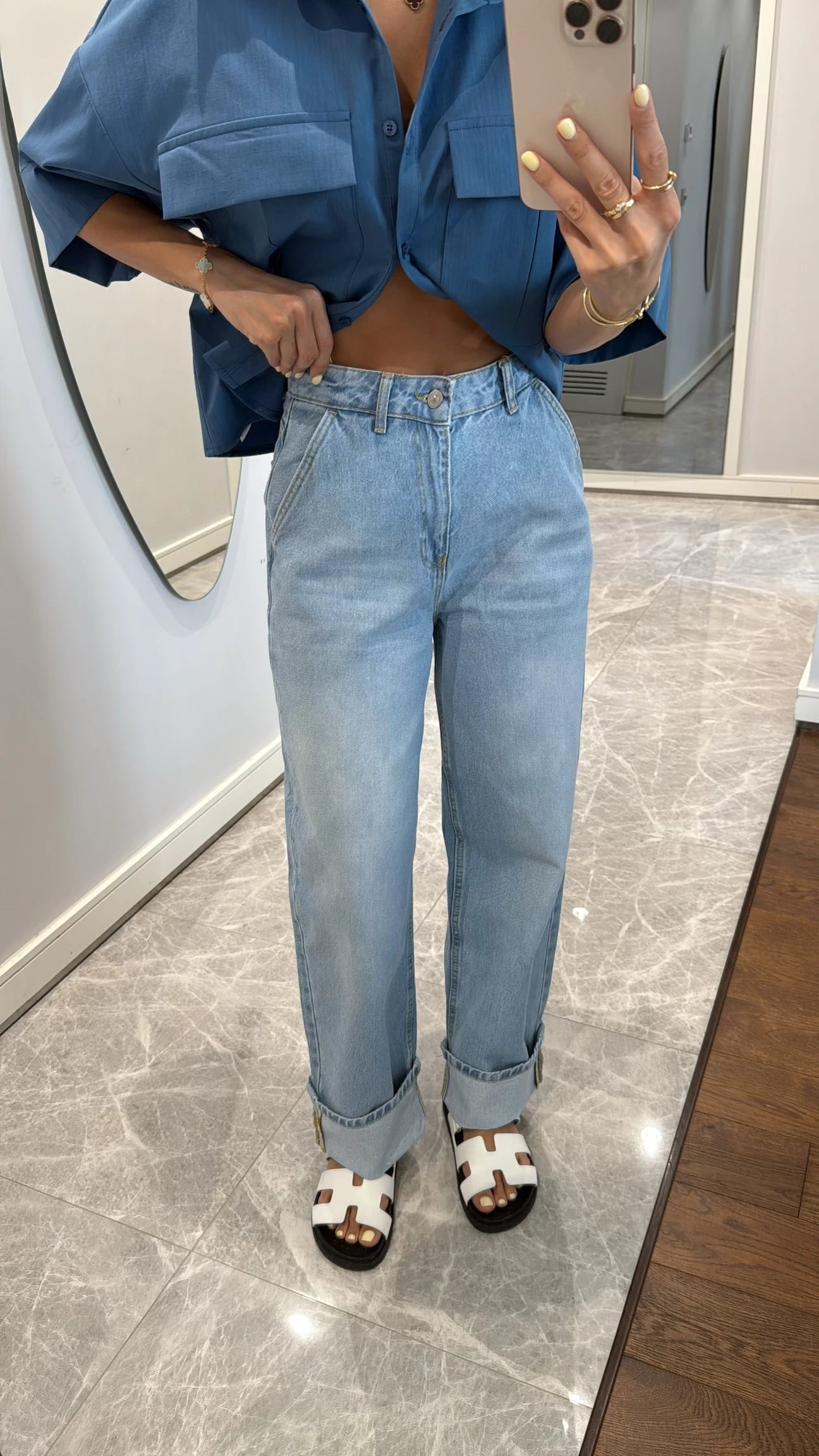 Blue curled leg detailed jeans