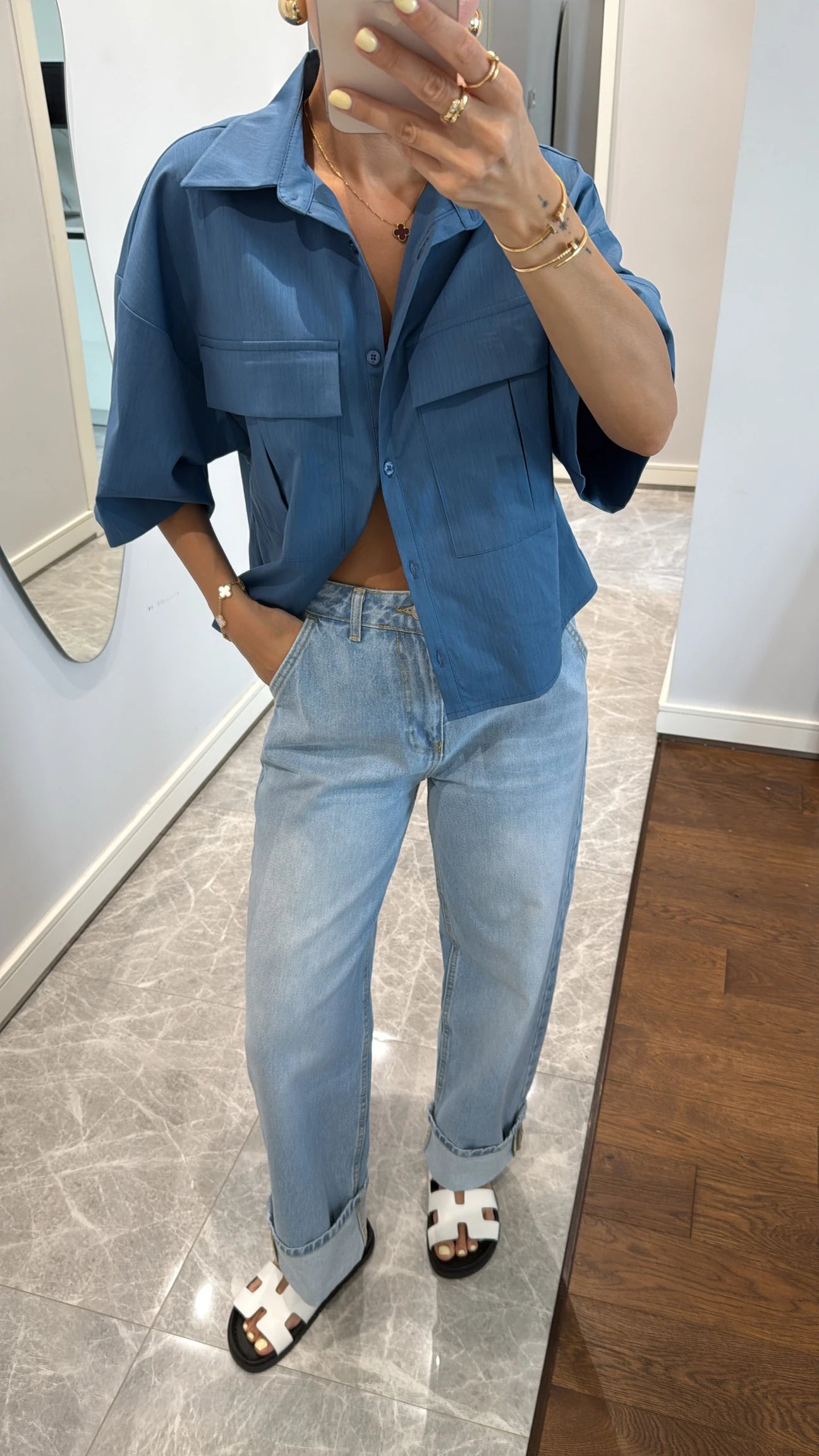 Blue curled leg detailed jeans