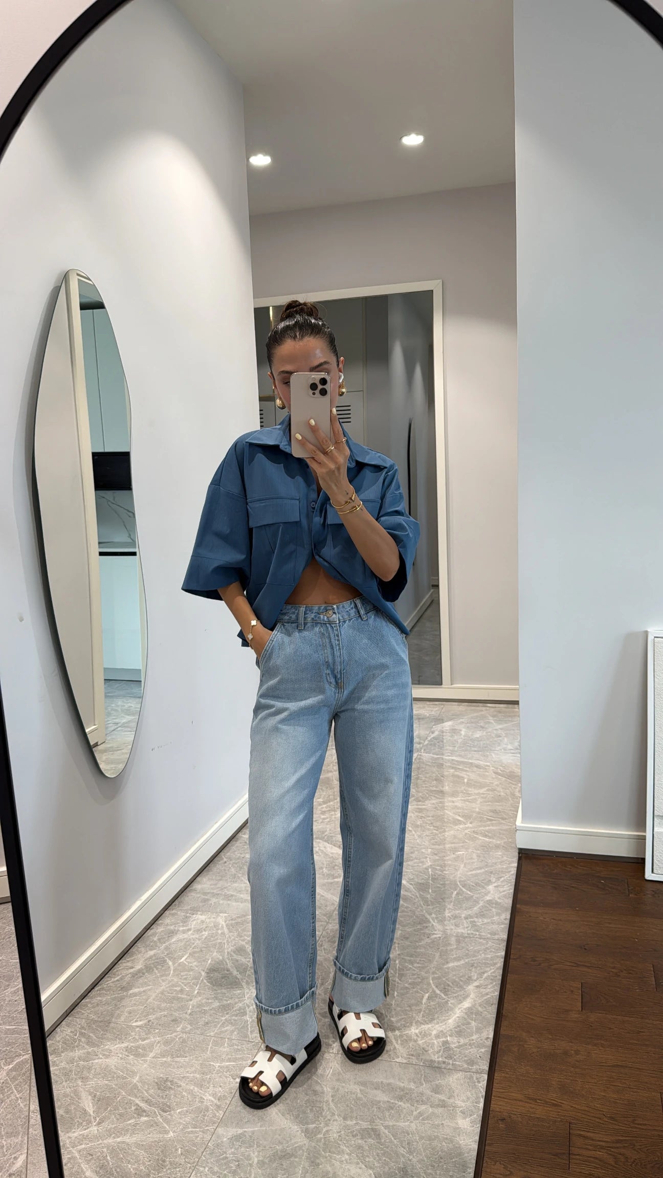 Blue curled leg detailed jeans