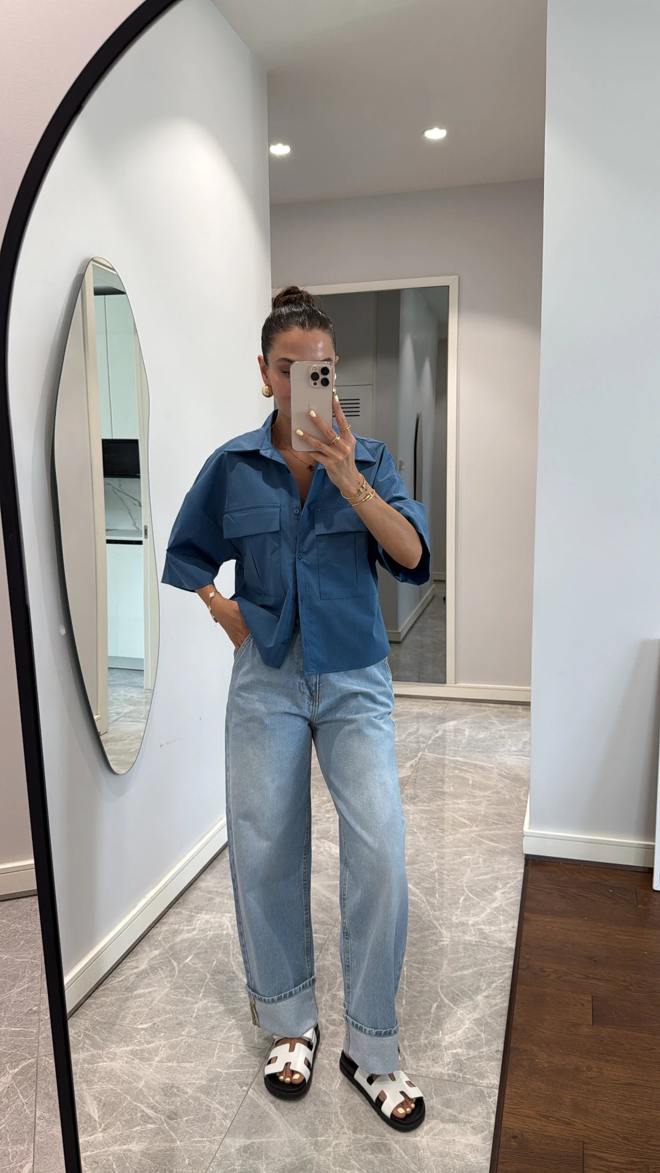 Blue curled leg detailed jeans