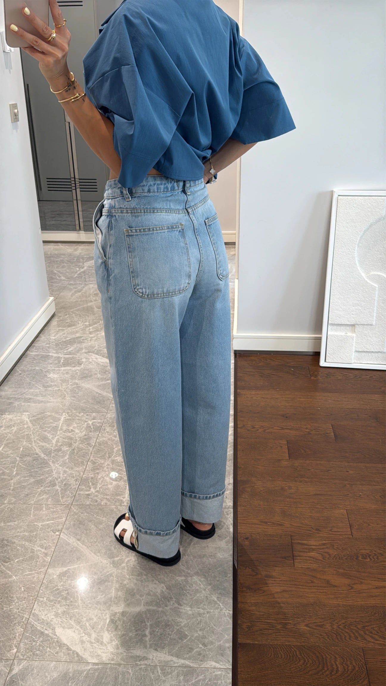 Blue curled leg detailed jeans